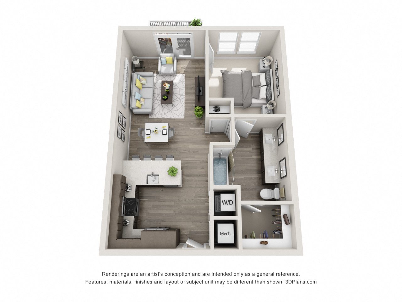 Floor plan for 1 bed, 1 bath, 729 sqft